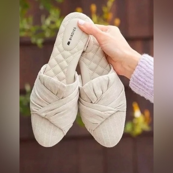 Birdies The Songbird Linen Stripe Mule Slides in Natural Stripe 10 - Picture 1 of 8